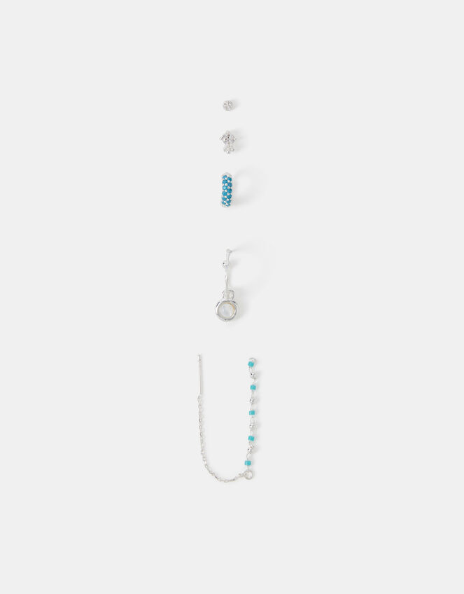 5-Pack Sterling Silver-Plated Blue Stone Stud & Hoop Earrings, , large