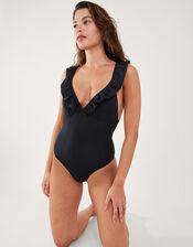 Exaggerated Ruffle Shaping Swimsuit, Black (BLACK), large