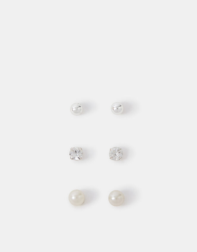 3-Pack Sterling Silver-Plated Pearl Mix Stud Earrings, , large