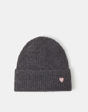 Heart Embroidered Beanie Hat, Grey (GREY), large