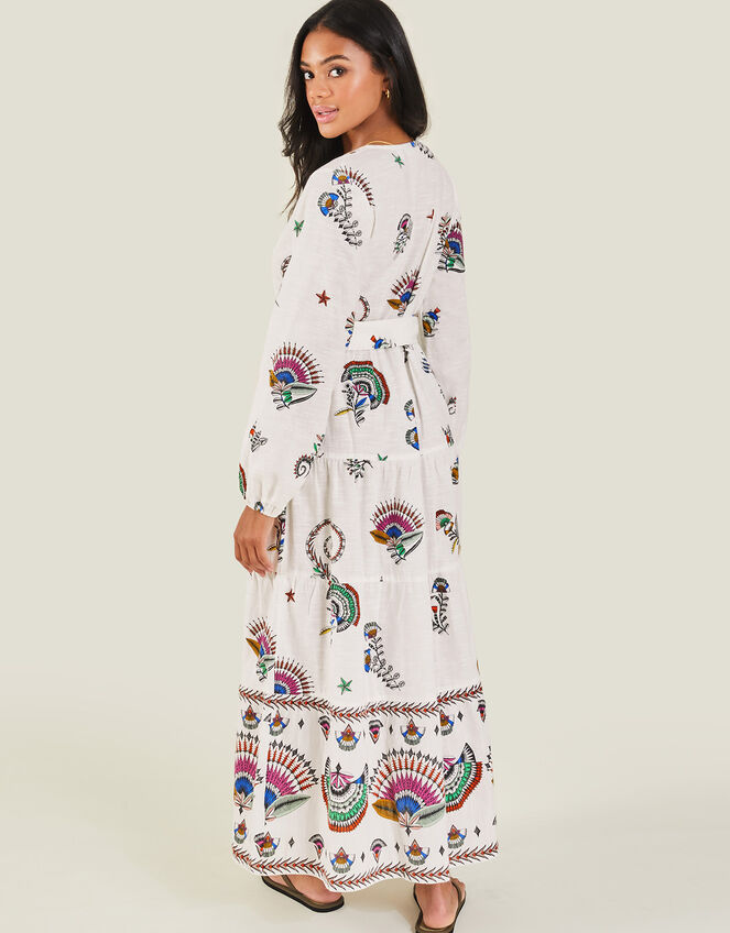 Fan Print Long Sleeve Tiered Dress, Ivory (IVORY), large