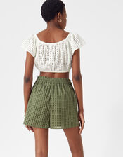 High Waist Broderie Shorts, Green (KHAKI), large