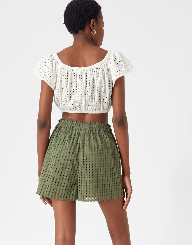 High Waist Broderie Shorts, Green (KHAKI), large