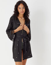 Spot Lace Trim Satin Robe , Black (BLACK WHITE), large