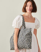 Daisy Print Cotton Shopper Bag Navy, , large
