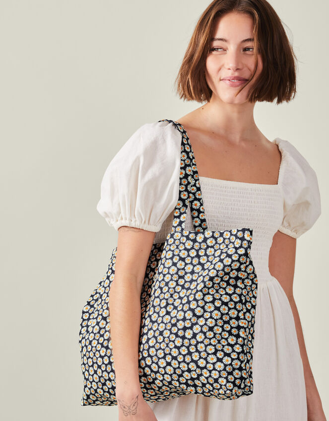 Daisy Print Cotton Shopper Bag Navy, , large