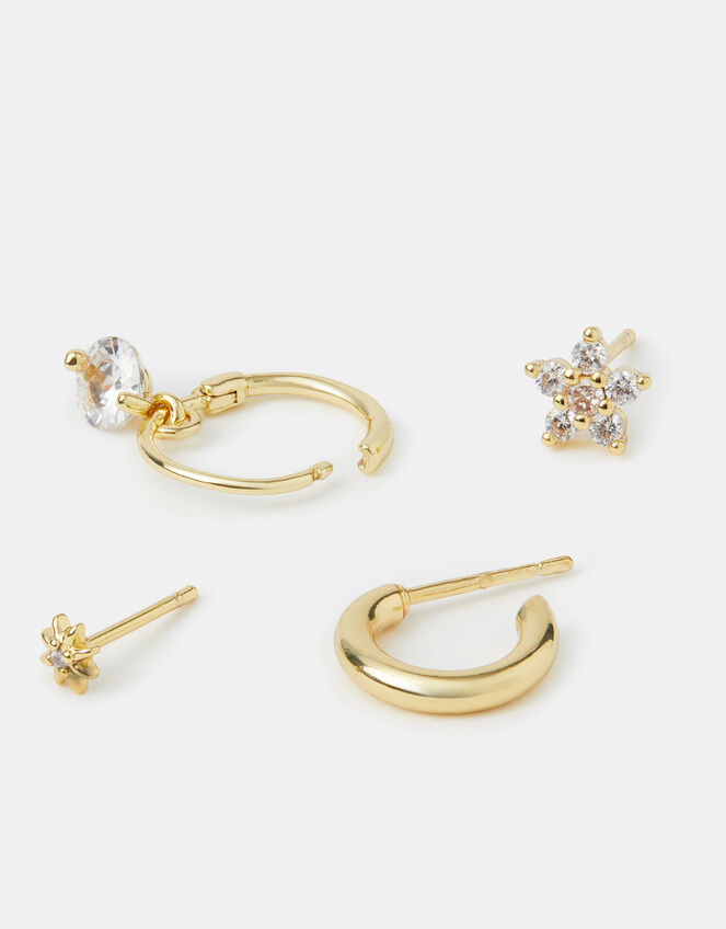 4-Pack 14ct Gold-Plated Cubic Zirconia Stud & Hoop Earrings, , large