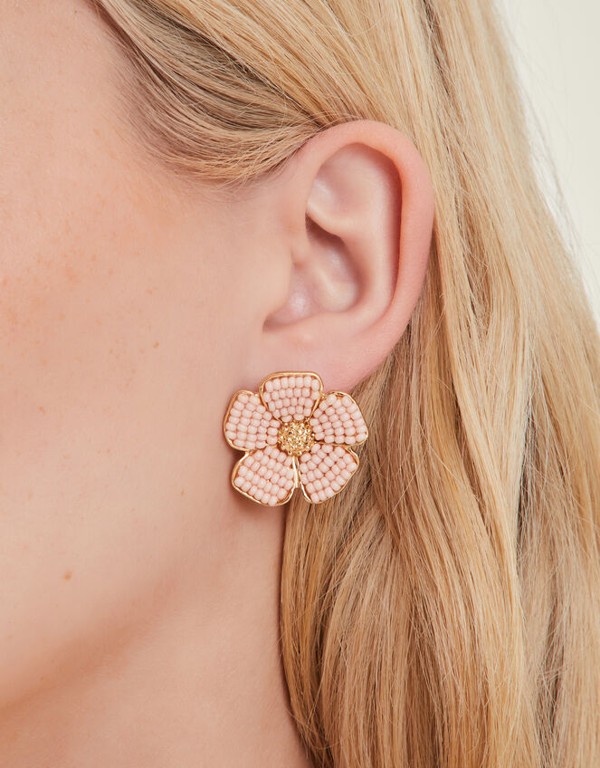 Large Beaded Flower Stud Earrings, , large