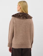 Faux Fur Leopard Print Collar Cardigan, Natural (NATURAL), large