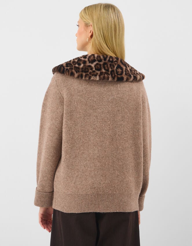 Faux Fur Leopard Print Collar Cardigan, Natural (NATURAL), large