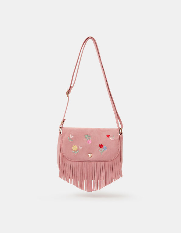 Girls Floral Embroidered Fringe Crossbody Bag, , large