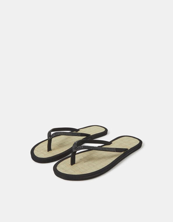 Rhinestone Seagrass Flip Flops, Black (BLACK), large