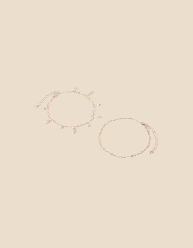 Layered Pearl Drop Anklets Set of Two, , large