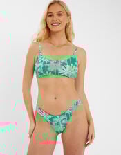 Palm Print Smocked Bralette Bikini Top, Green (GREEN), large