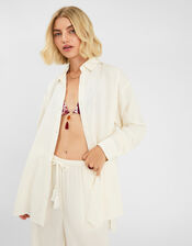 Long Sleeve Stripe Beach Cover Up Shirt, Ivory (IVORY), large