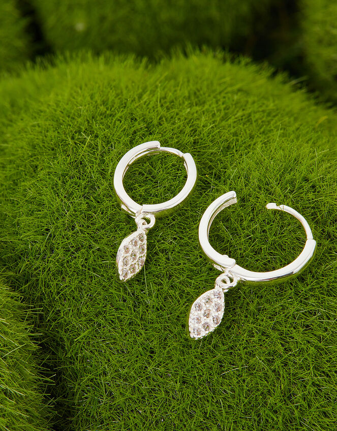 Sterling Silver Marquise Pave Huggie Hoops, , large