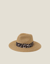Leopard Trim Straw Fedora Hat Natural, , large