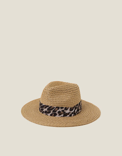 Leopard Trim Straw Fedora Hat Natural, , large