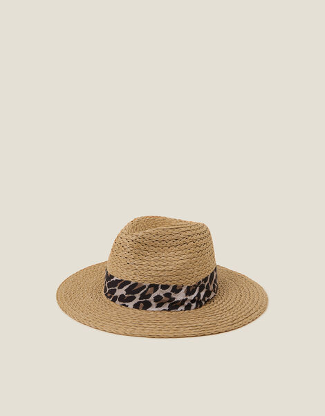 Leopard Trim Straw Fedora Hat Natural, , large