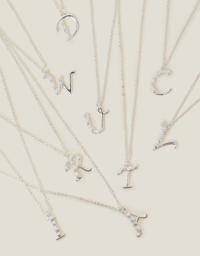 Sterling Silver-Plated Flower Initial Pendant Necklace, Silver (ST SILVER), large