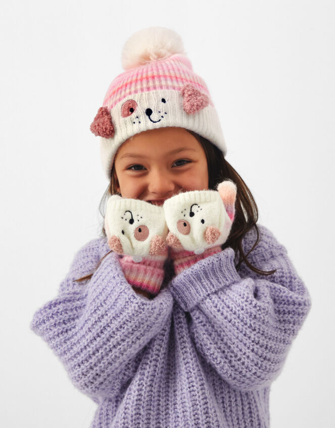 Girls Dog Ombr&eacute; Bobble Hat & Gloves Set, Multi (PASTEL MULTI), large