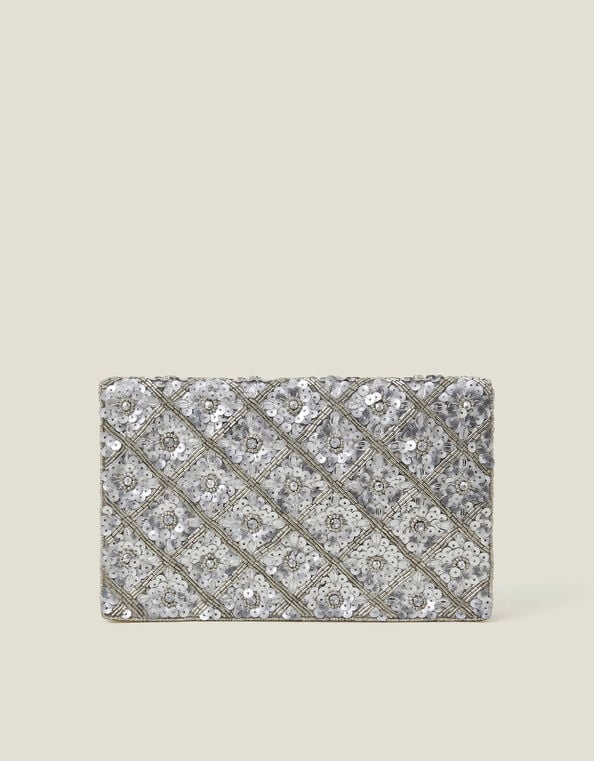 Metallic Embellished Clutch Bag, Silver (SILVER), large