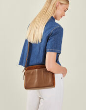 Double Zip Leather Cross-Body Bag, Tan (TAN), large