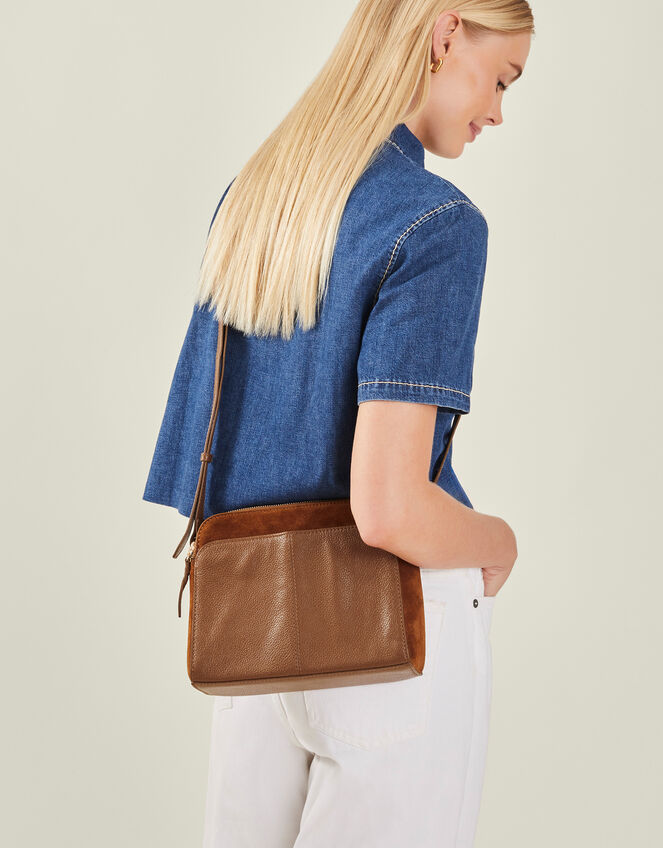 Double Zip Leather Cross-Body Bag, Tan (TAN), large