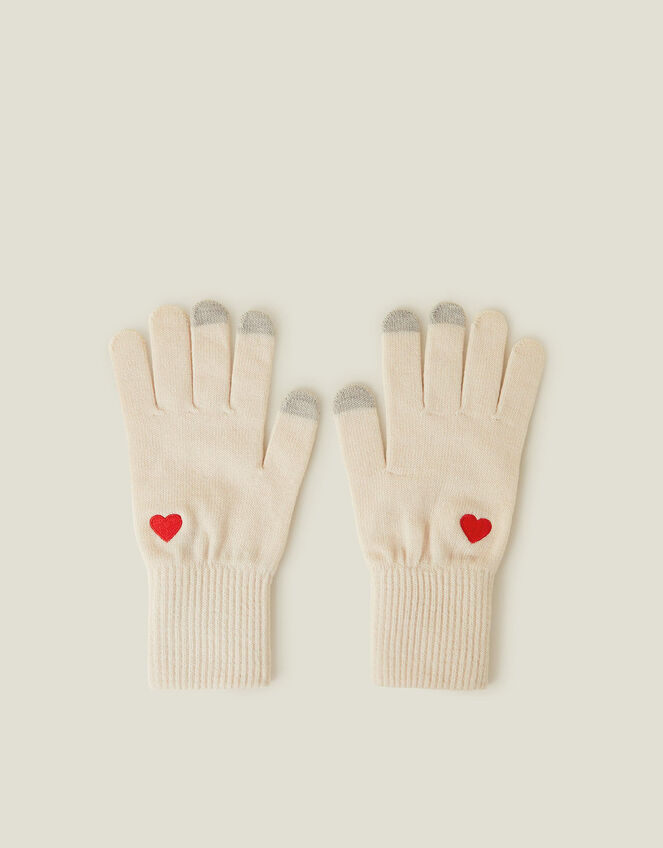 Touchscreen Heart Embroidered Knit Gloves, Natural (NATURAL), large