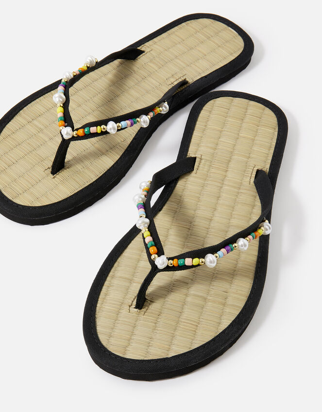 Multi Beaded Seagrass Sandals, Black (BLACK), large