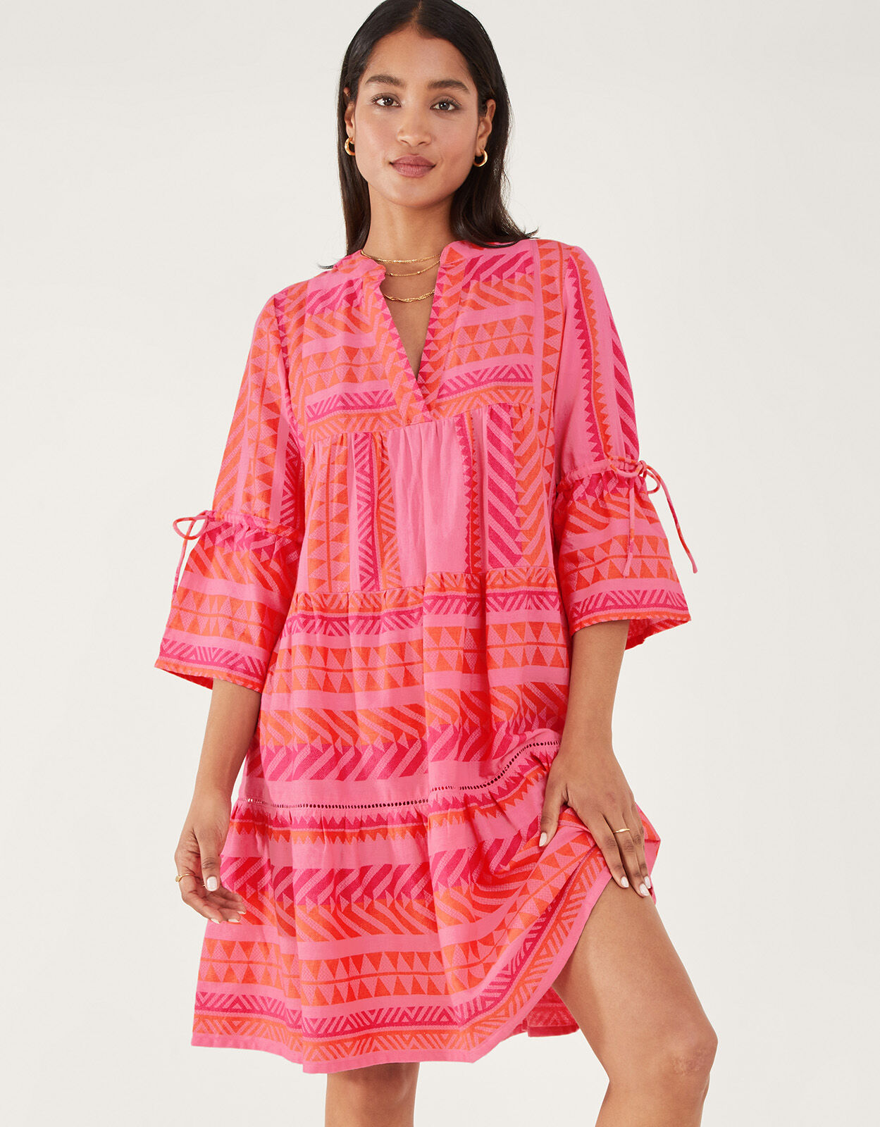 Print Jacquard Flute Sleeve Dress Pink Beach holiday dresses