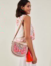 Floral Embroidered Saddle Bag, , large