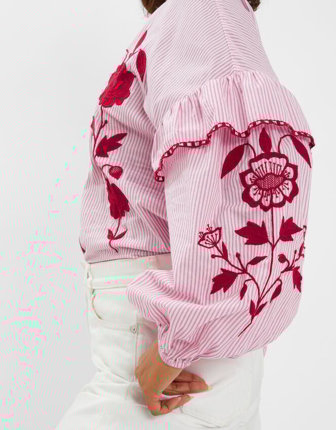 Floral Embroidered Stripe Blouse, Red (RED), large