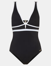 UPF50+ Contrast Plunge Shaping Swimsuit, Black (BLACK), large