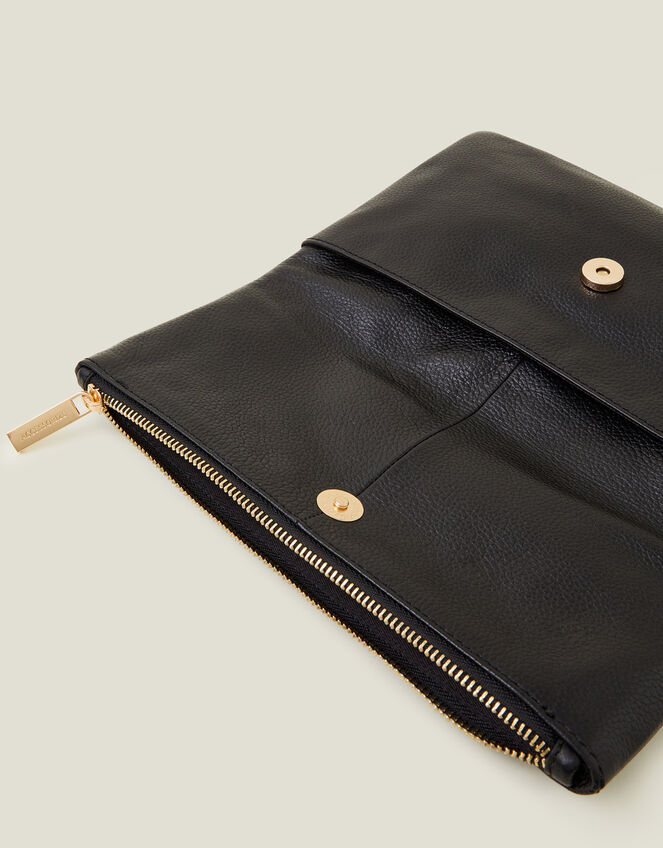 Leather Fold-Over Clutch Bag, Black (BLACK), large