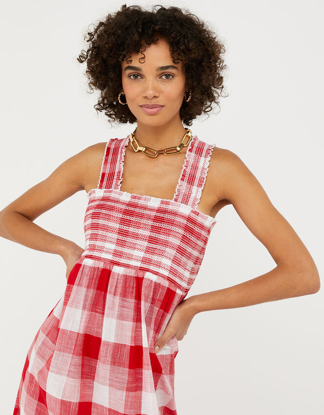 Gingham Bandeau Beach Dress in Pure Cotton, Red (RED), large