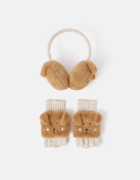 Girls Dog Faux Fur Earmuffs & Mittens Set, Tan (TAN), large