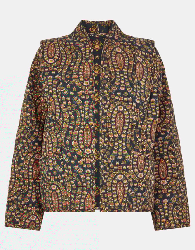 Floral Paisley Print Quilted Jacket, Black (BLACK), large
