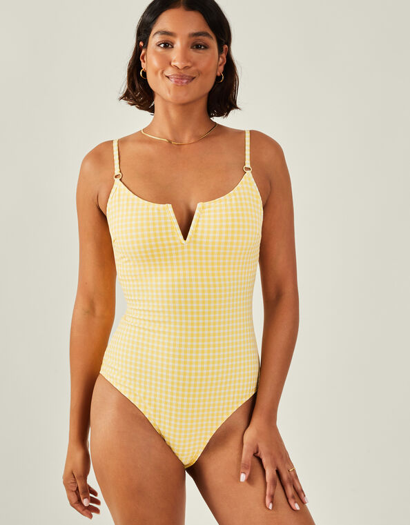 V-Front Gingham Swimsuit, Yellow (YELLOW), large