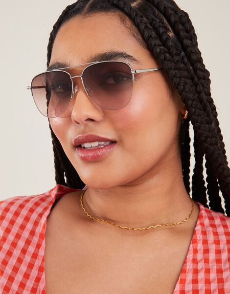 Half Frame Aviator Sunglasses, Silver (SILVER), large