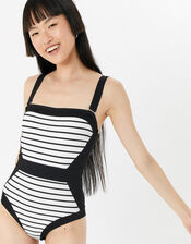 Illusion Shaping Textured Swimsuit , Black (BLACK WHITE), large