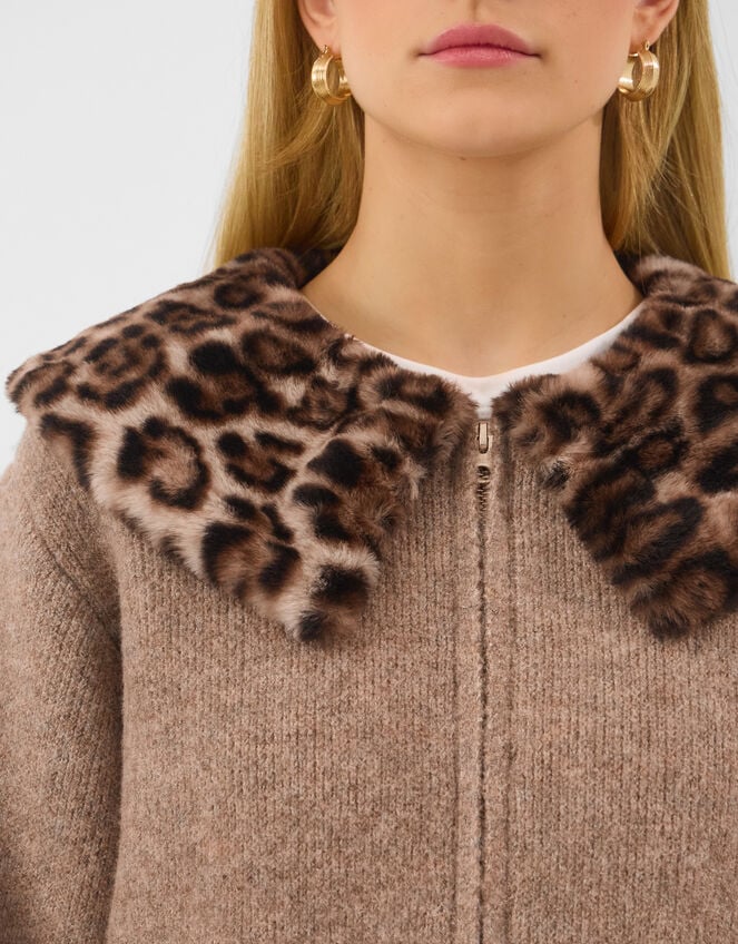 Faux Fur Leopard Print Collar Cardigan, Natural (NATURAL), large