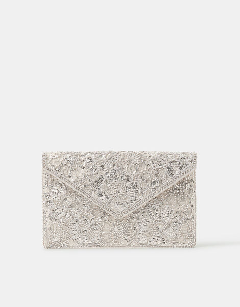 Floral Embellished Envelope Clutch Bag, Silver (SILVER), large