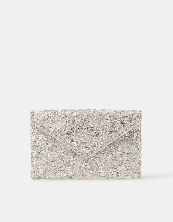 Floral Embellished Envelope Clutch Bag, Silver (SILVER), large