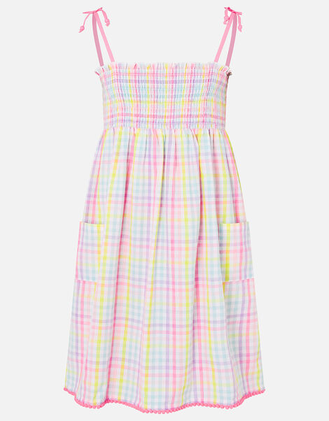 Girls Rainbow Check Dress in Pure Cotton Multi, Multi (BRIGHTS-MULTI), large