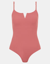 V Front Bead Strap Swimsuit , Orange (RUST), large