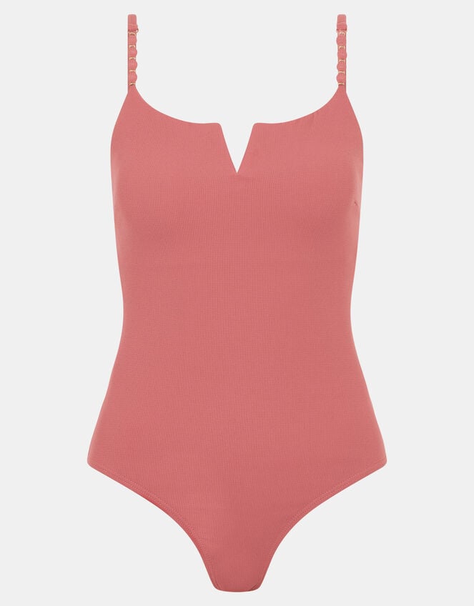 V Front Bead Strap Swimsuit , Orange (RUST), large