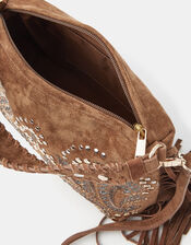 Embroidered Fringe Suede Bag, , large