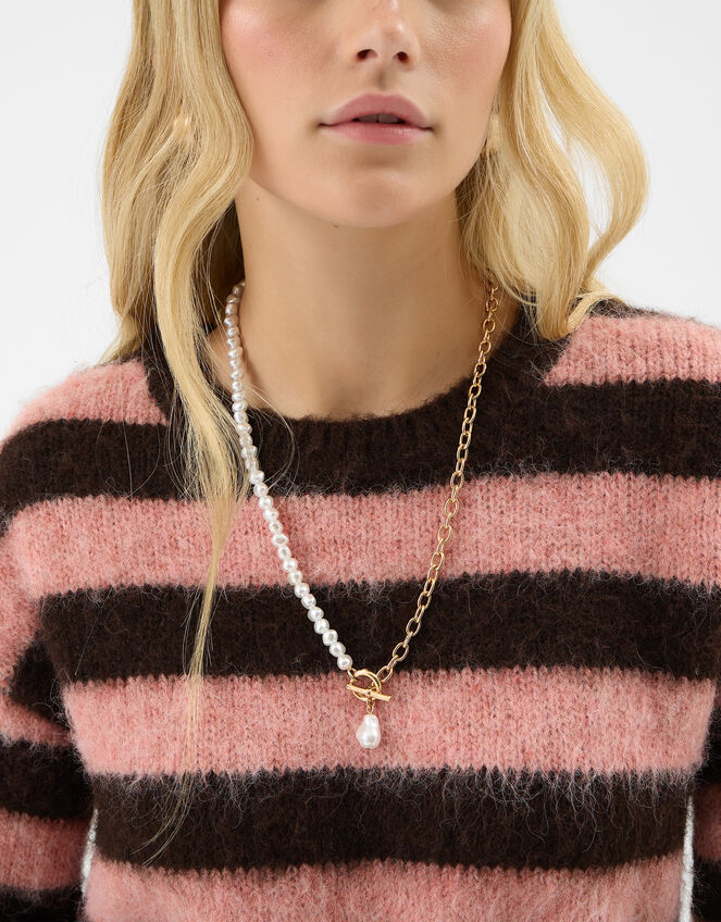 Mixed Pearl Chain T-Bar Necklace, , large