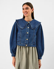 Frill Collar Denim Jacket, Blue (BLUE), large